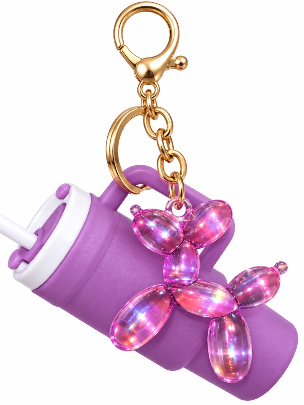 Purple Drink Bottle Keychain with Pink Balloon Dog Charm